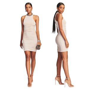 NEW SER.O.YA High Neck Fine Mesh Ruched Cosette Dress in Beige sz‎ M NWT